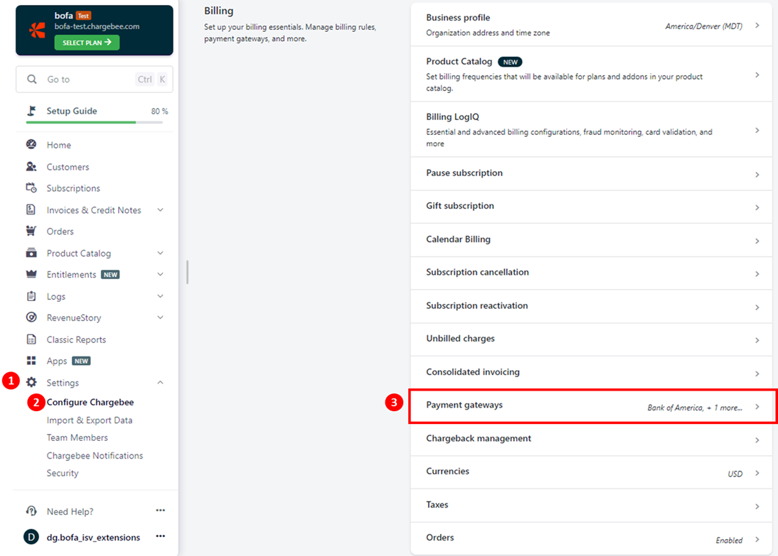 Settings and Billing menus