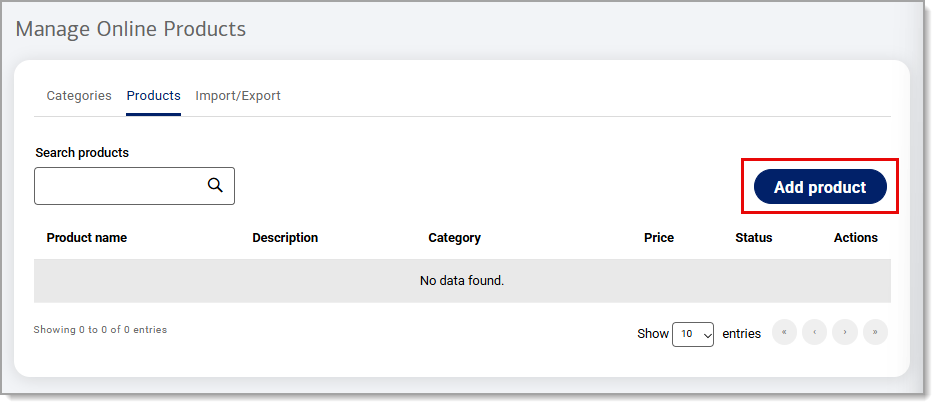 Add product button highlighted under Mange Online Products.