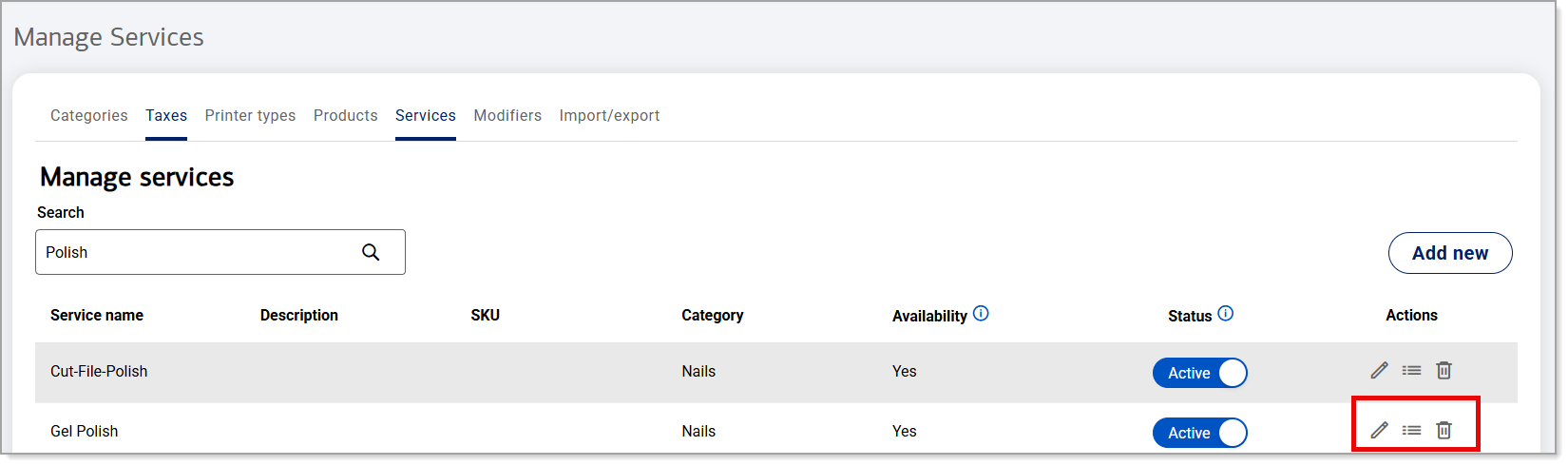 Edit and delete icons for managing a service
