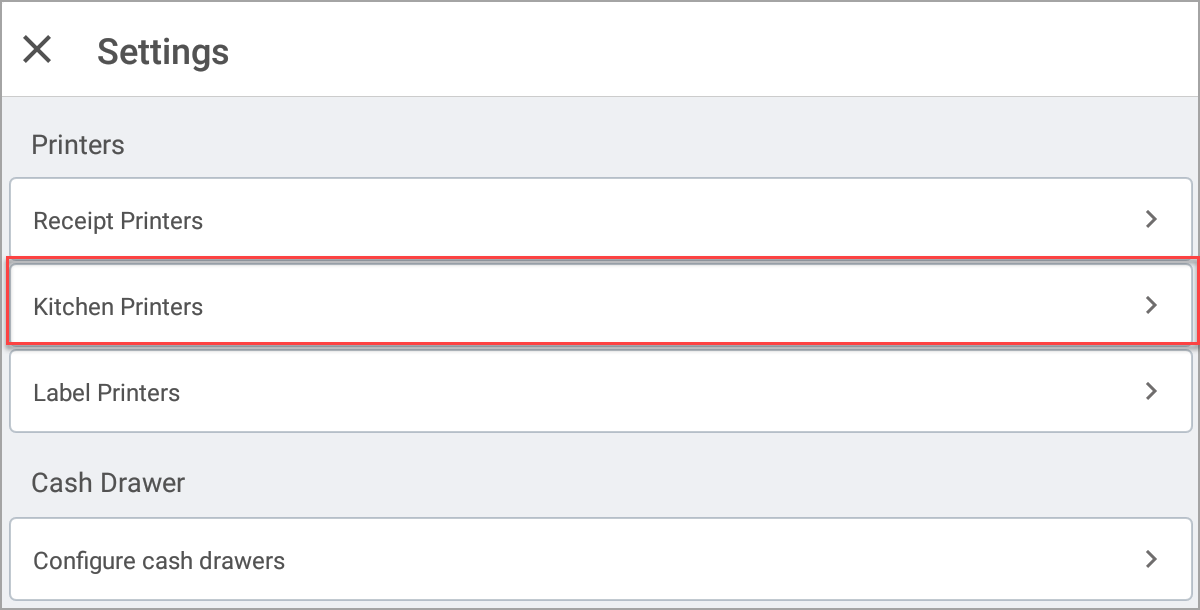 Kitchen printers option on the settings screen