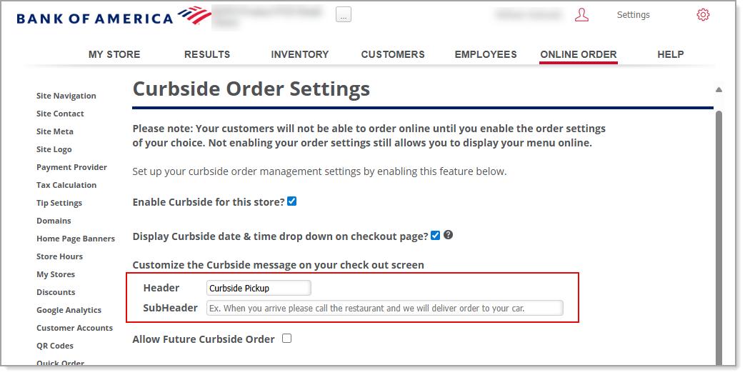 Curside header and SubHeader fields