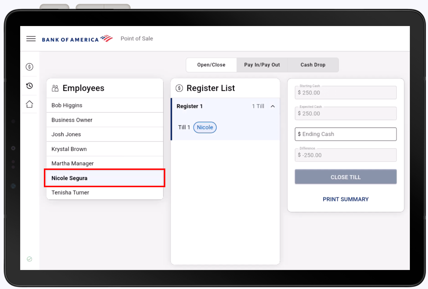 Employee highlighted in the Open Close tab.