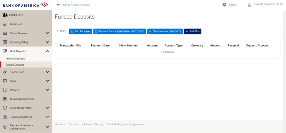 Funded deposits screen