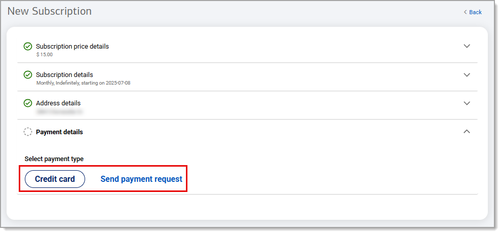 Payment details tab opened with credit card and send payment request buttons highlighted under select payment type.