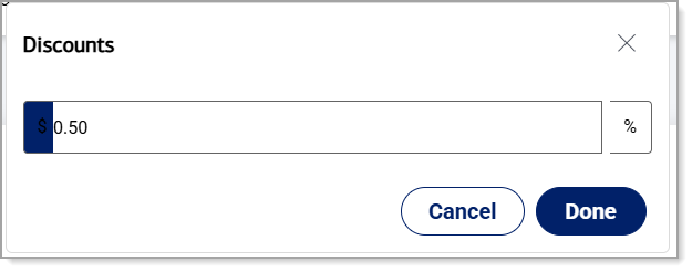 Discount amount field with a dollar amount and dollar discount button enabled