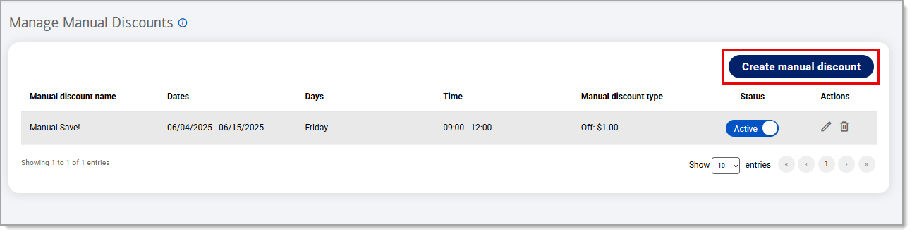 Create manual discount button highlighted under manage manual discounts.