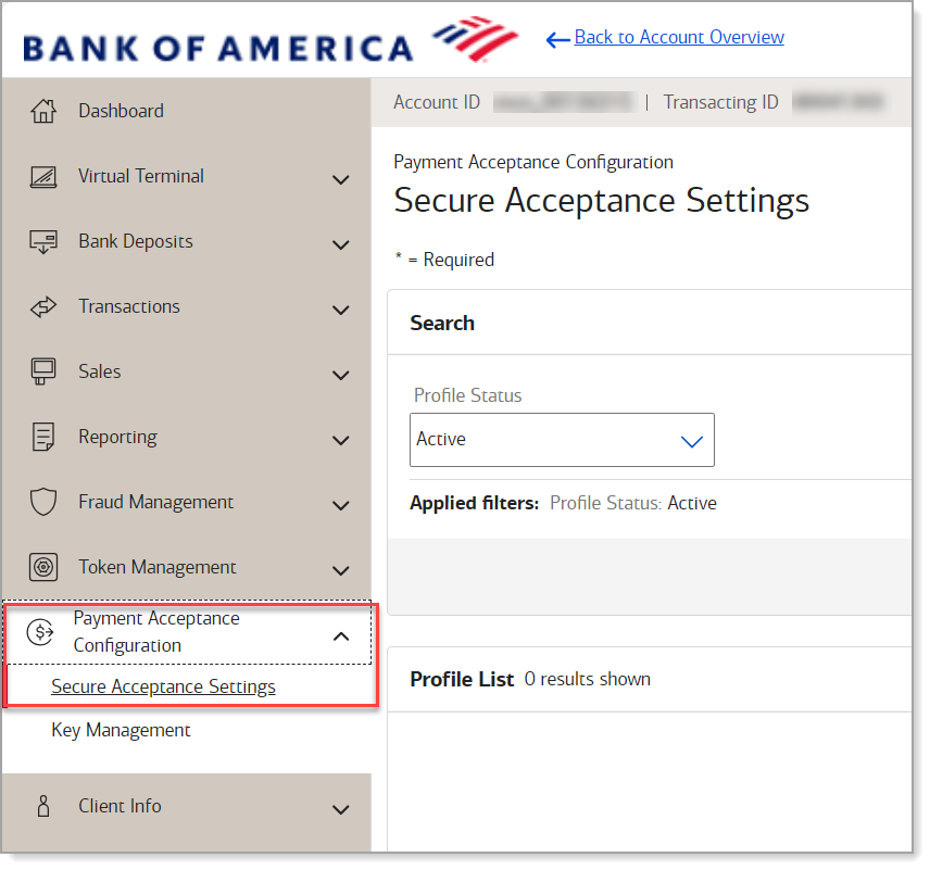 Secure Acceptance Settings page