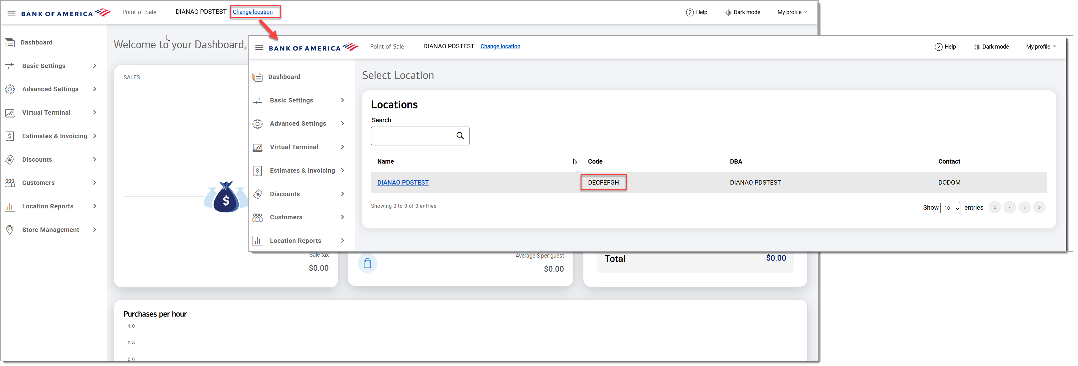 Back Office homepage with Change Location highlighted to identify location code.