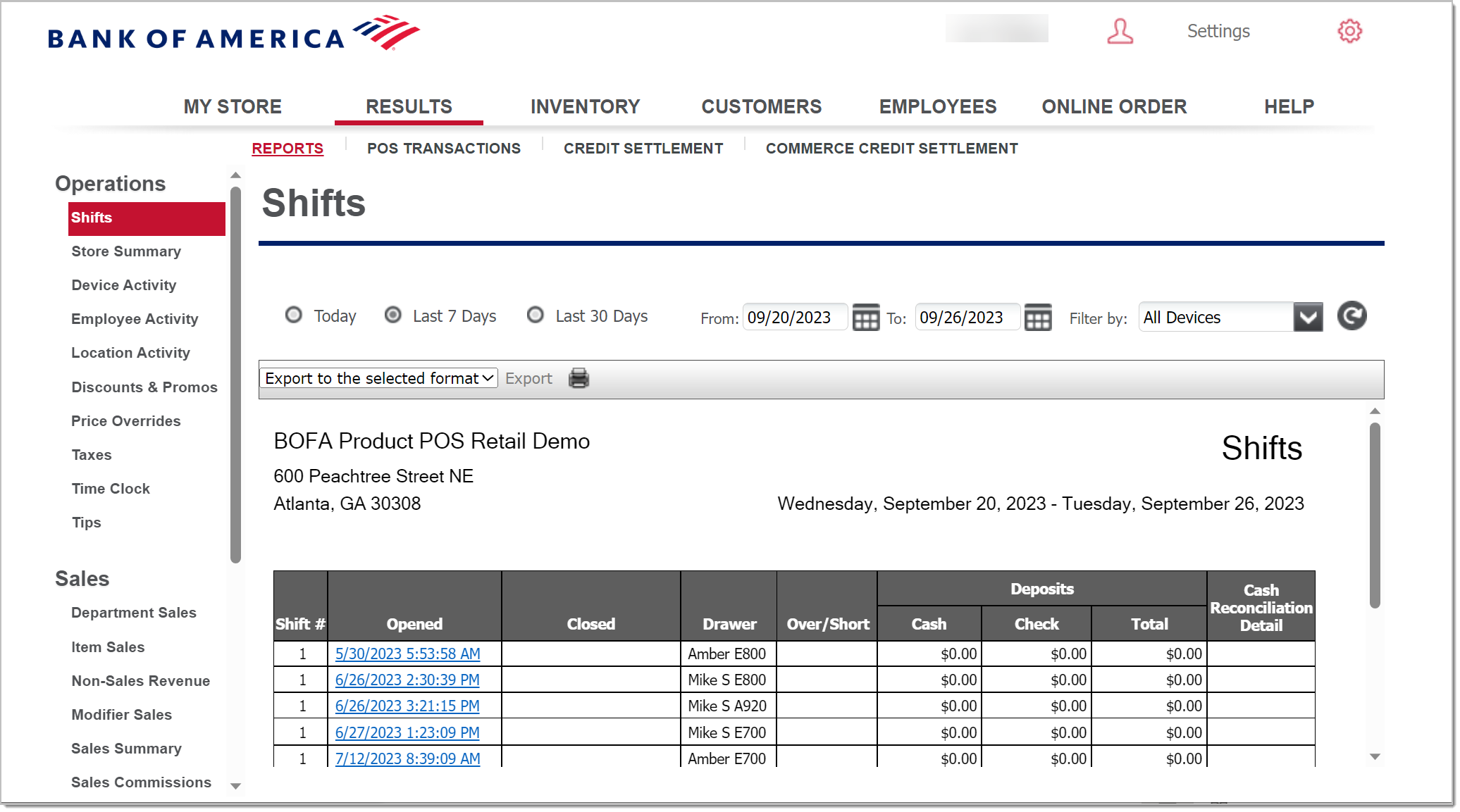 File filter and export options for a Shifts report