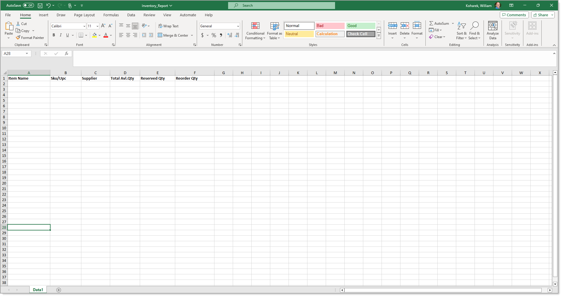 Inventory reorder report sample layout