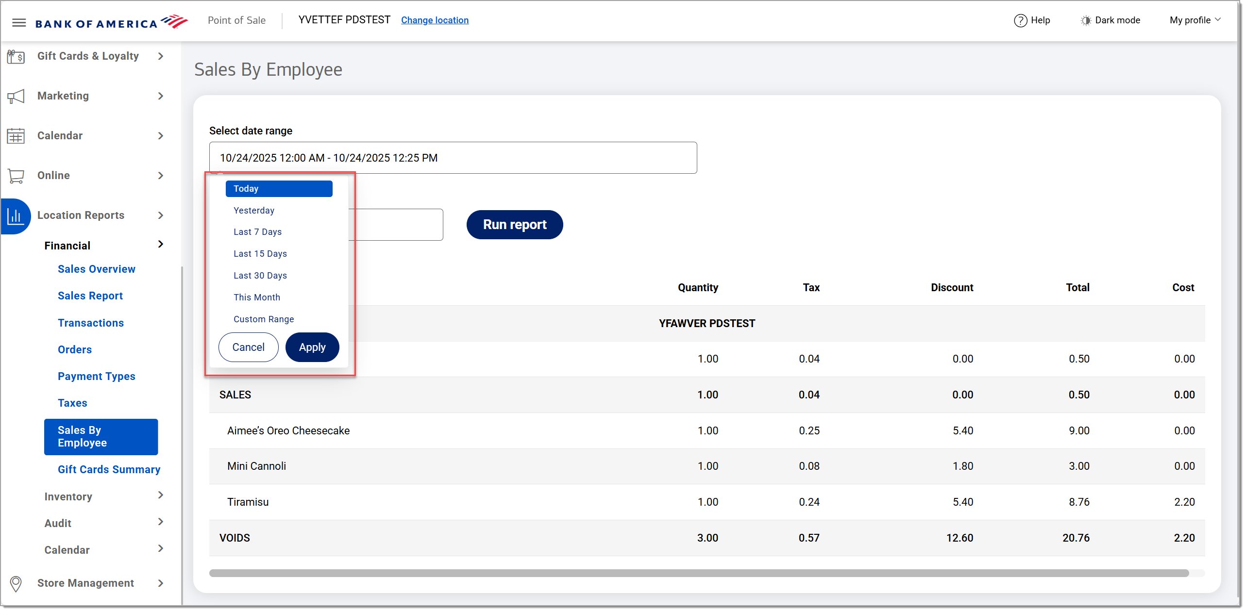sales by employee with date range dropdown shown