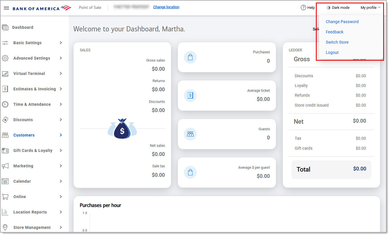 Dashboard with the my profile dropdown open.