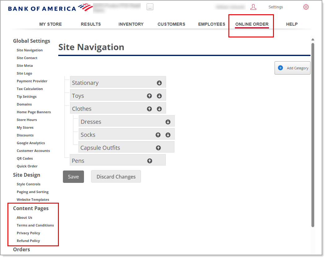 Online Order tab with Site Content pages highlighted.