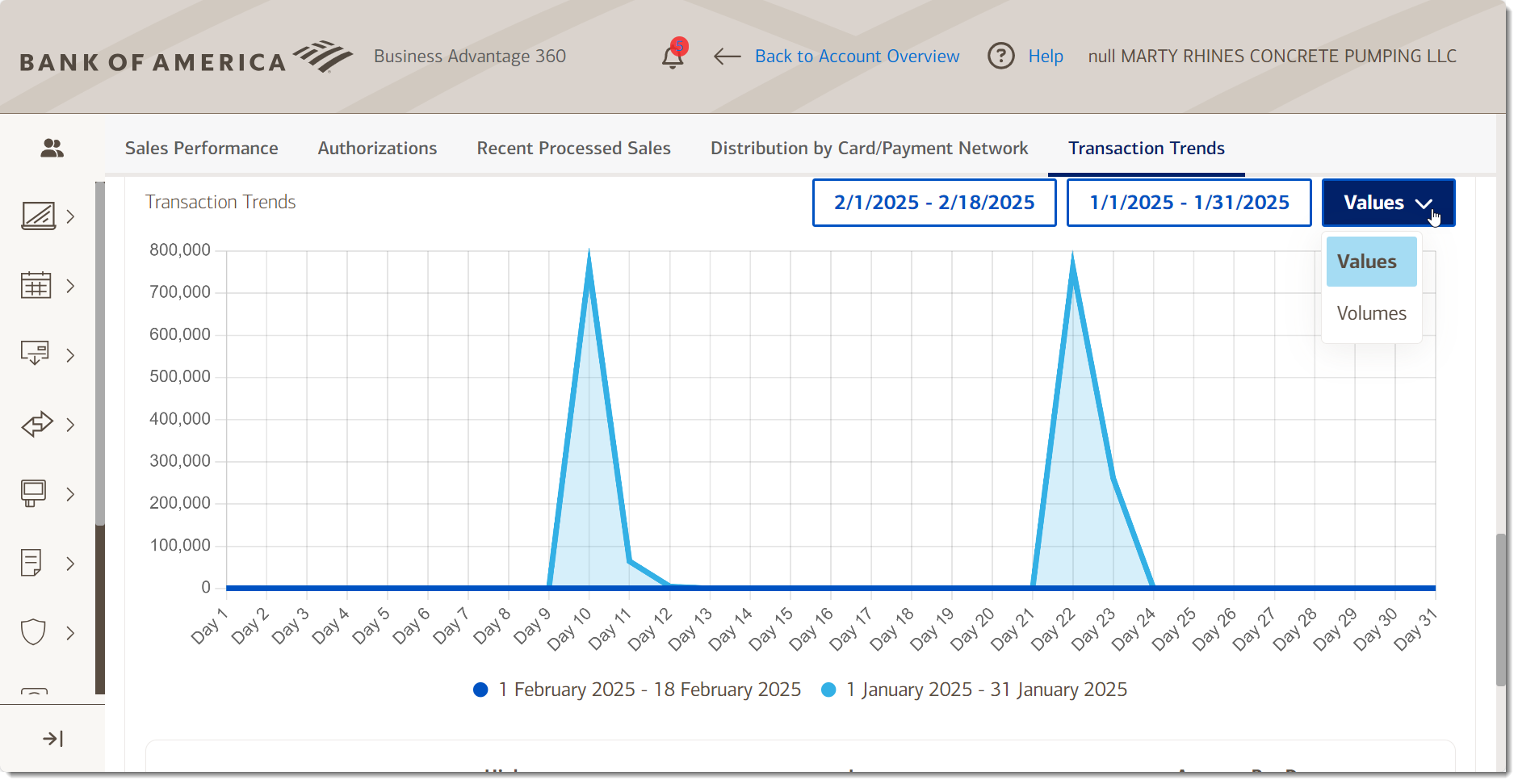 merchant services dashboard transaction trends