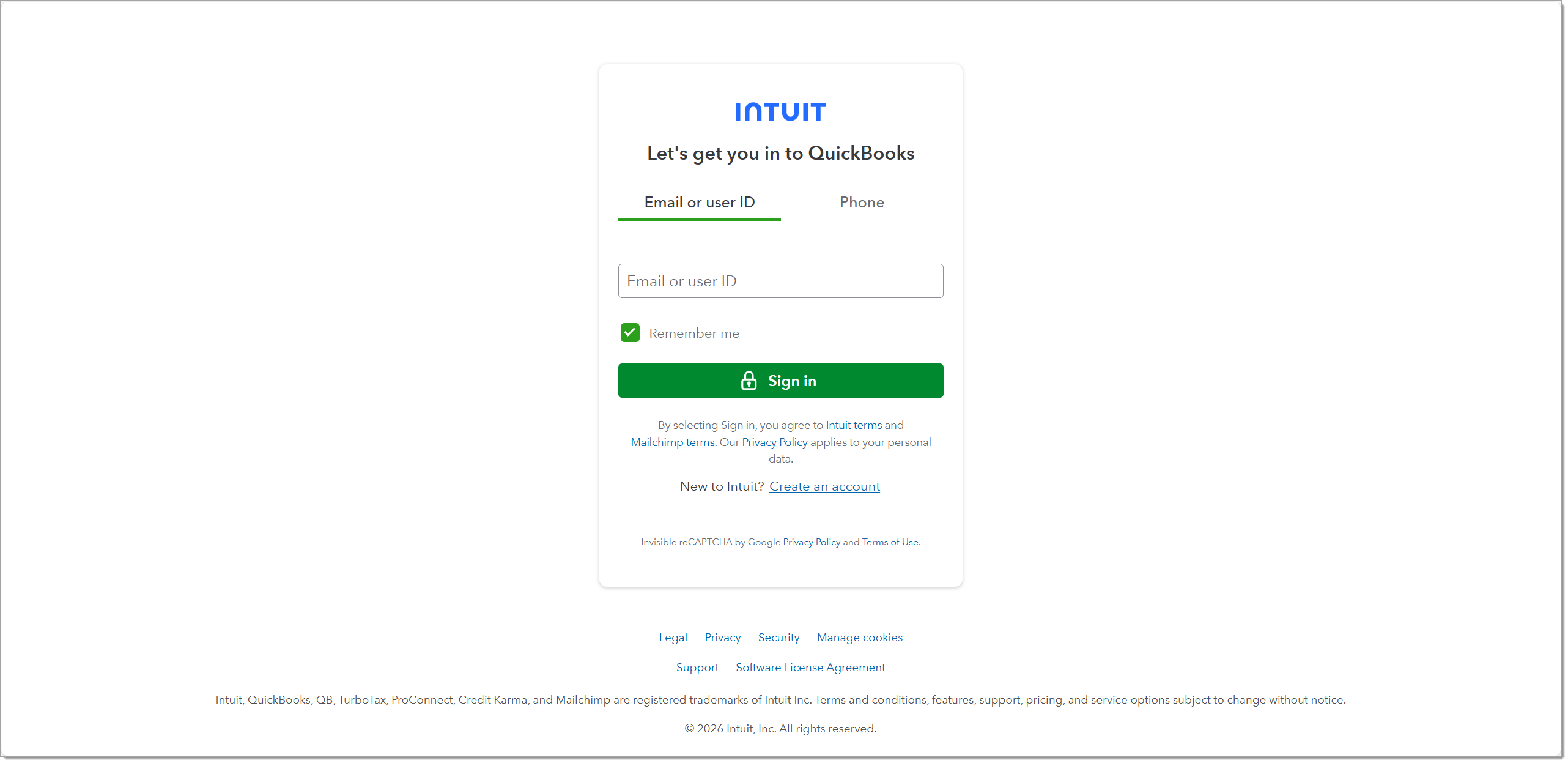 Intuit login screen