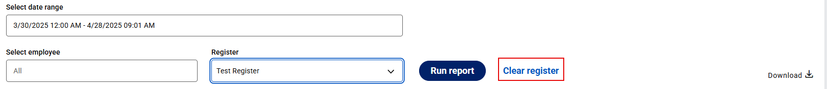Clear Register option appears when a specific register is selected from the Register dropdown