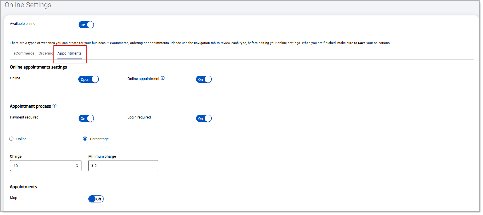 Online Settings Appointments tab