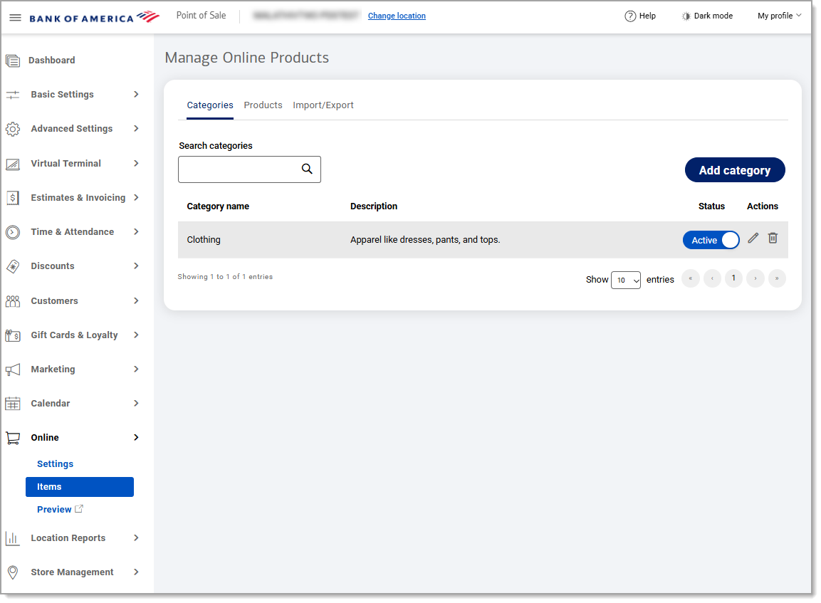 Items under the online tab of the navigation menu.
