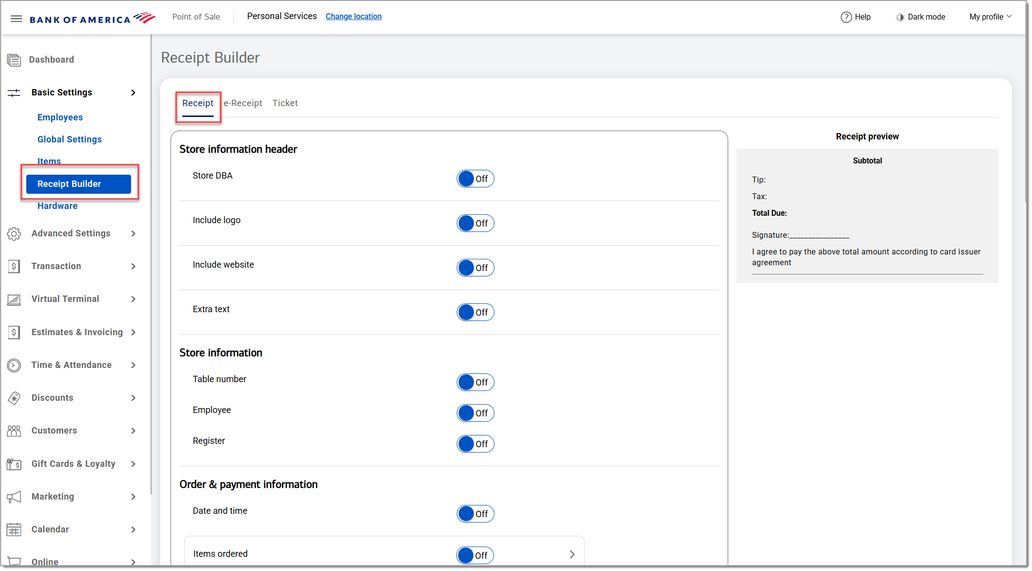 Receipt builder with Receipt tab highlighted