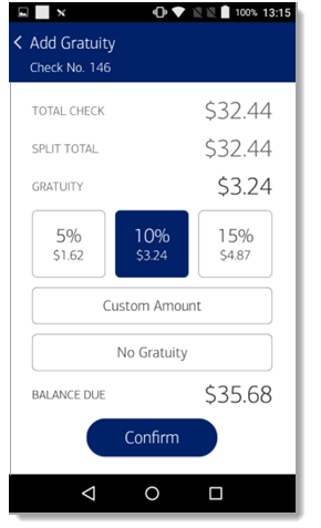 Add Gratuity screen