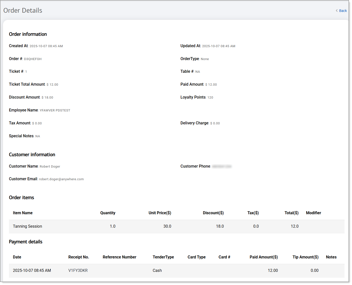 Order Details page in the Back Office