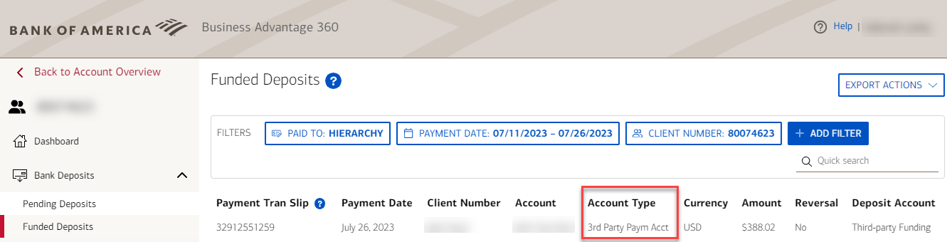 Funded Deposits view showDeposit Account Type showing as Third-party Funding