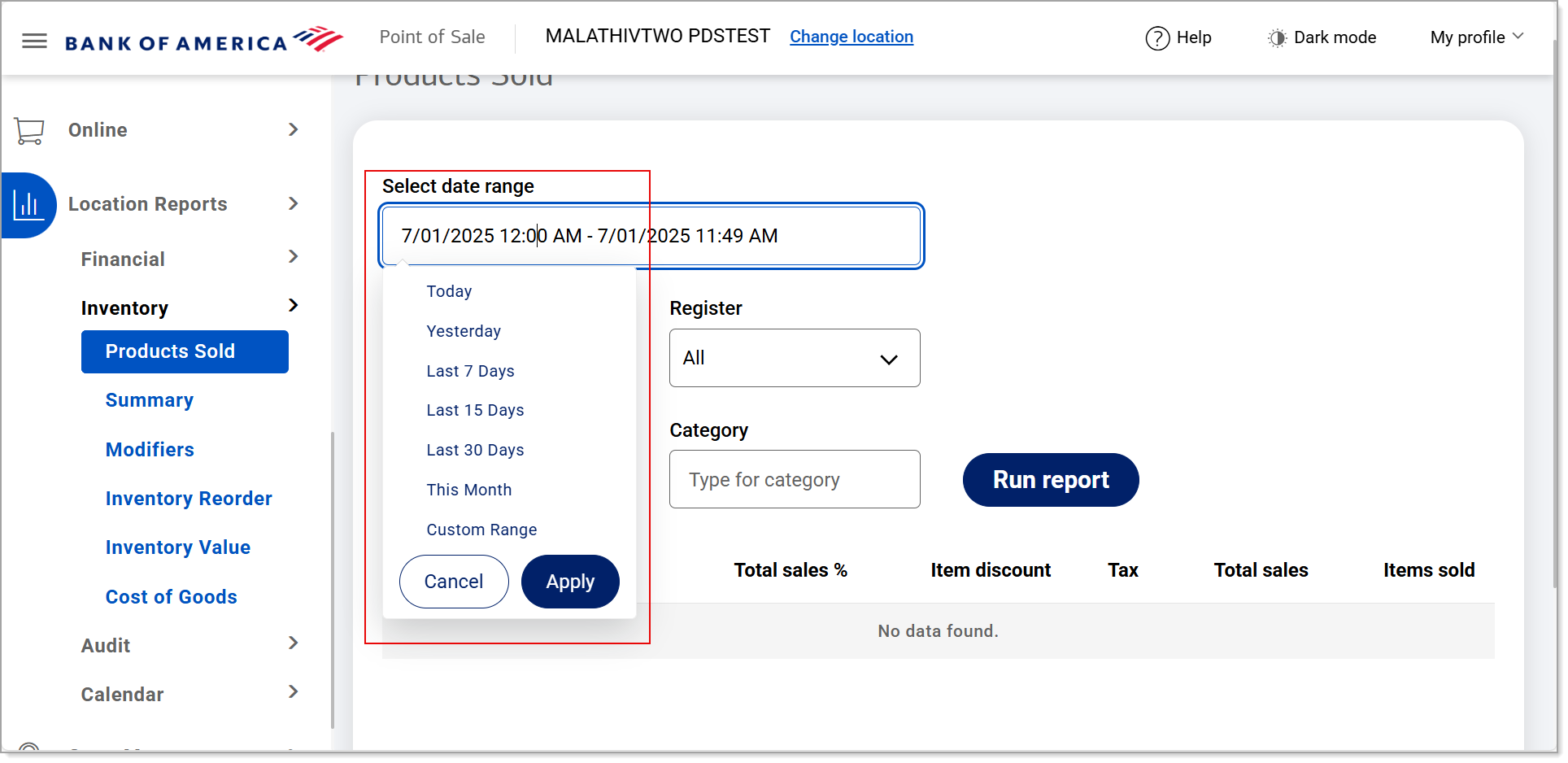 Products sold date range options