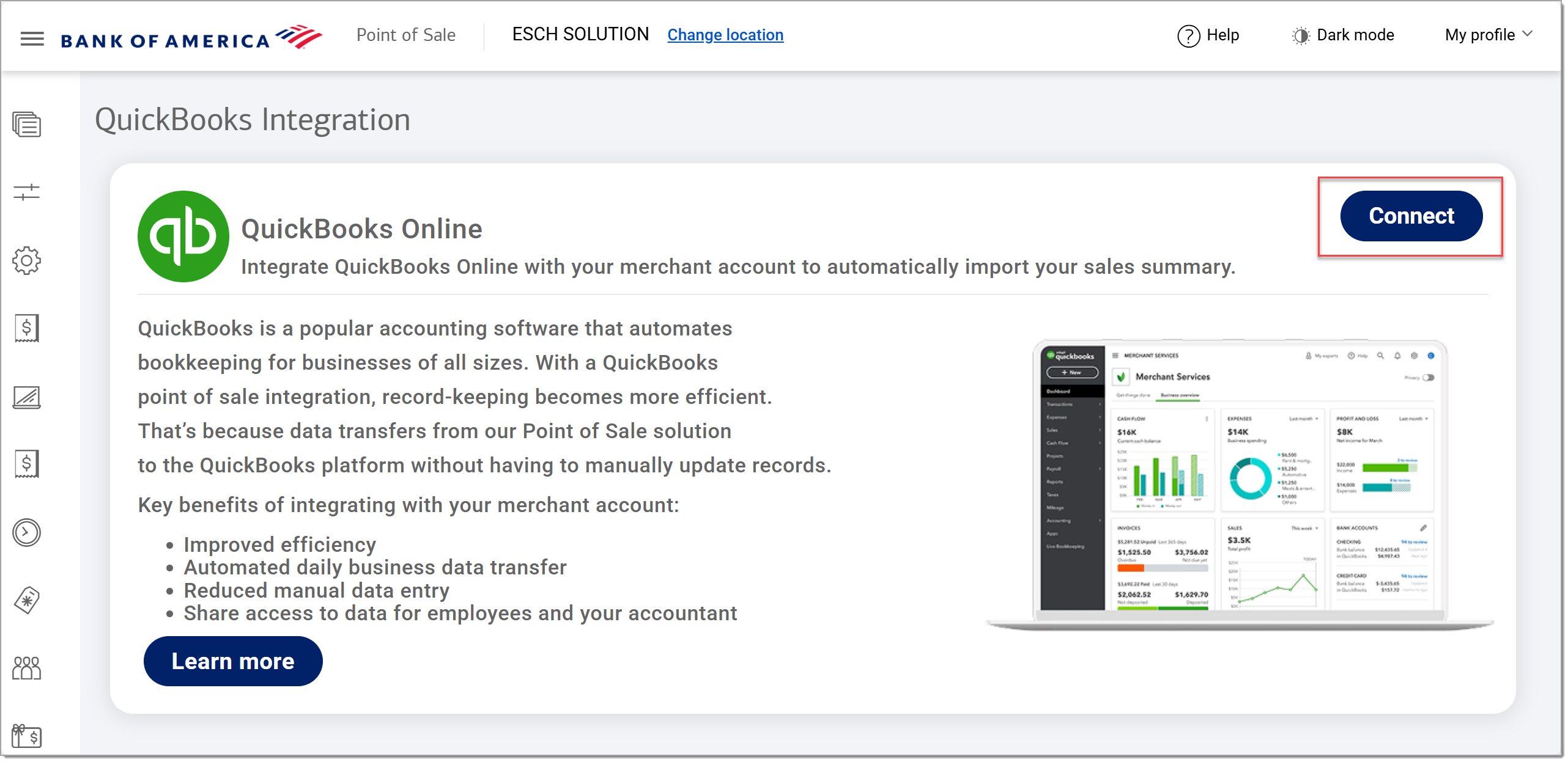 Highlighted Connect button to connect to QuickBooks