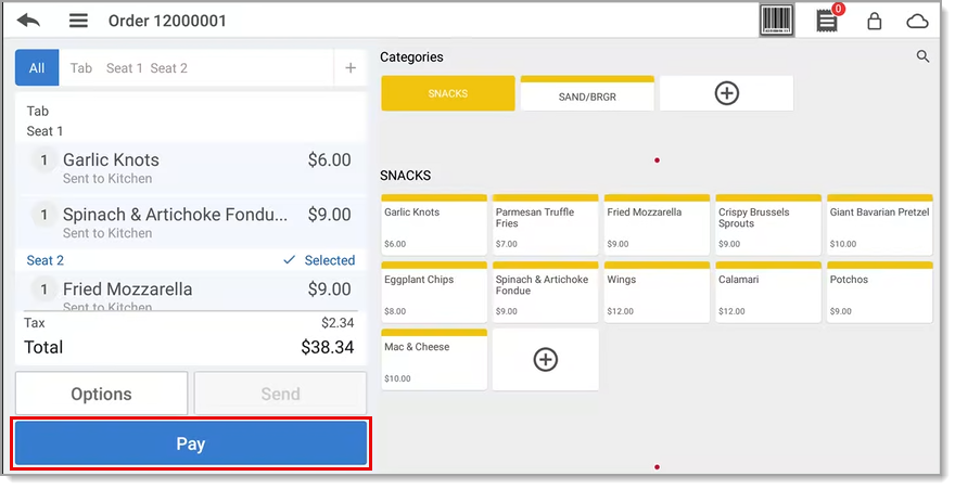 Guest check with Pay highlighted