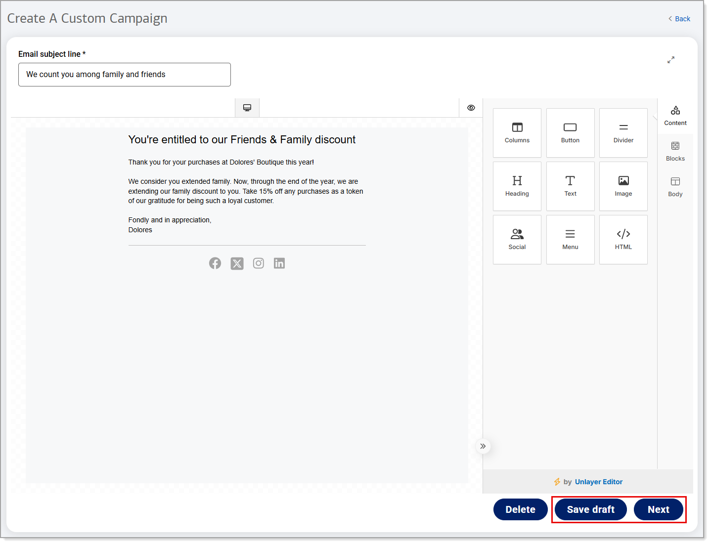 Example of a created email marketing message