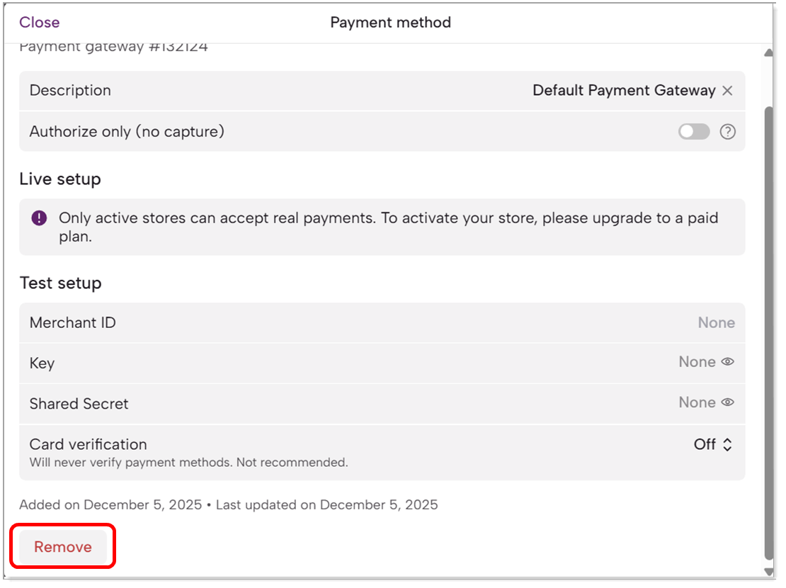 Payment method screen with Remove button.