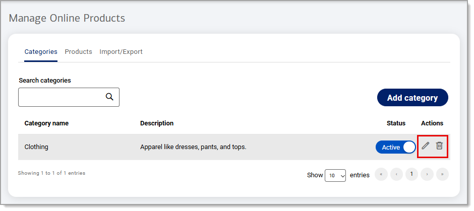 Action icons highlighted under the Manage Online Products display.