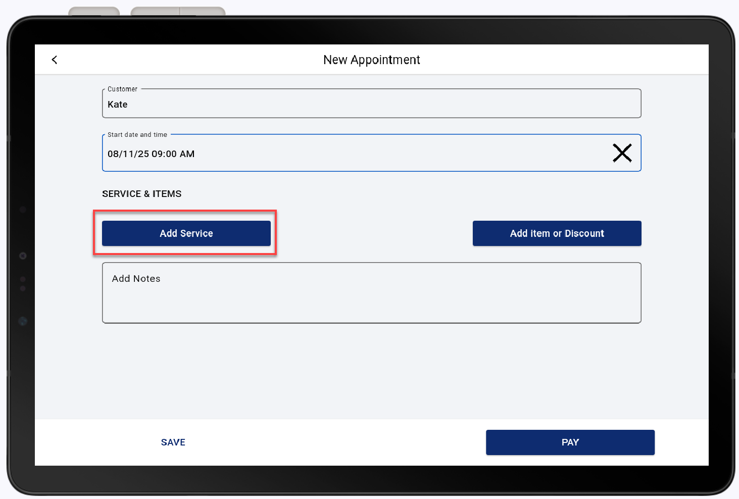 new appointment with add service highlighted