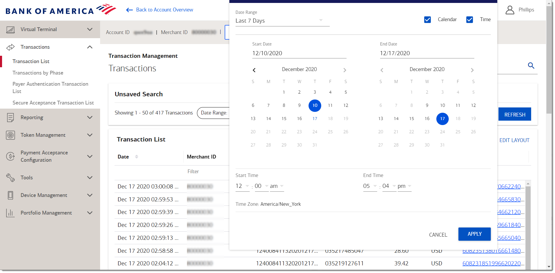 the date selections for the Transaction List in Business Advantage 360 online banking