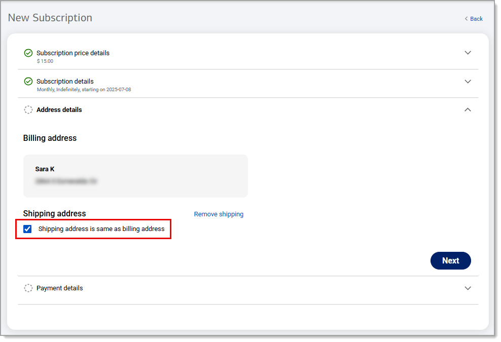 Shipping address same and billing address checkbox highlighted.