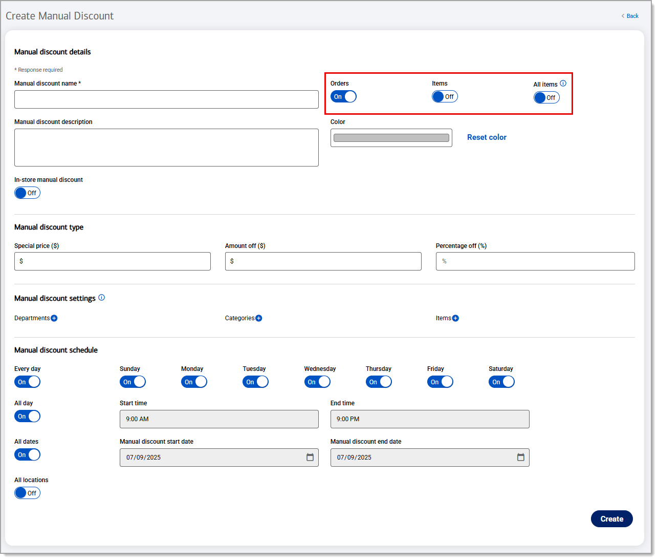 Manual discount detail toggles highlighted to set orders, items, and or all items.