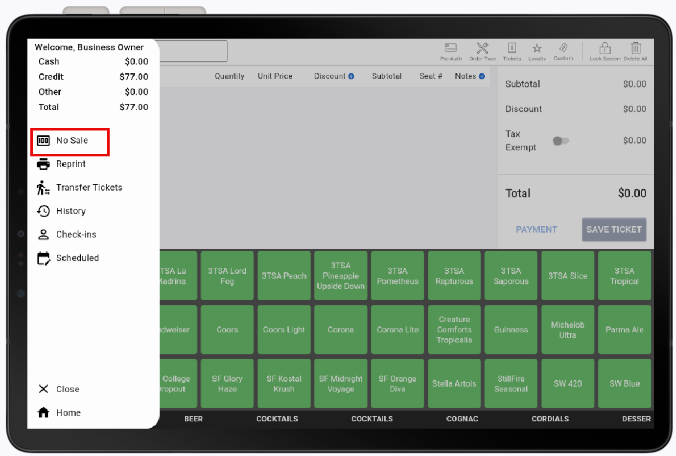 No Sale in the Navigation Menu of the Orders screen.