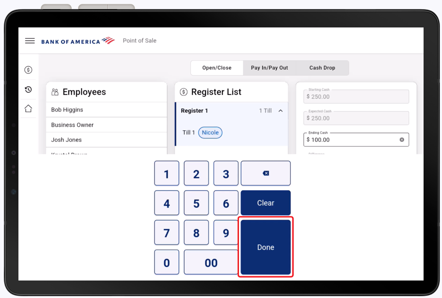 Number pad to input the ending cash amount with the Done button highlighted.