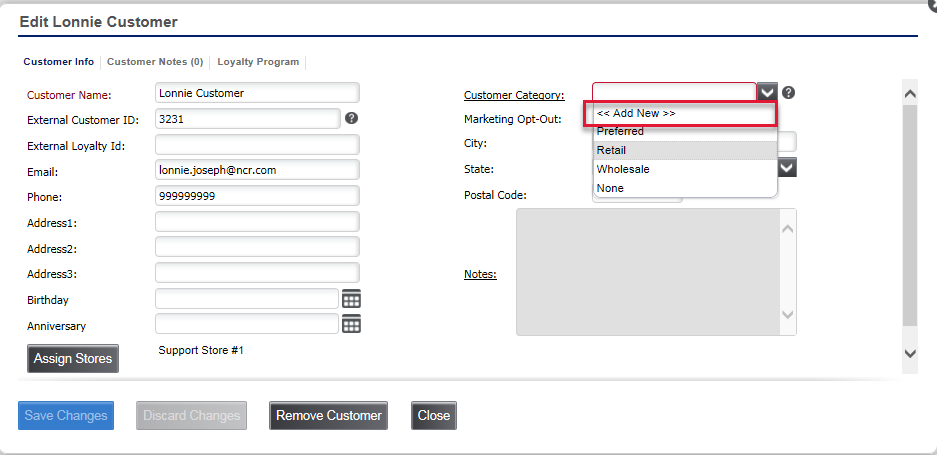 An image showing the Edit Customer screen with the Customer Category dropdown selected and <<Add New>> highlighted in a red box.