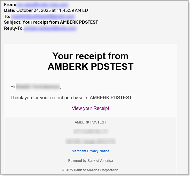 Sample receipt notification with link to view receipt.