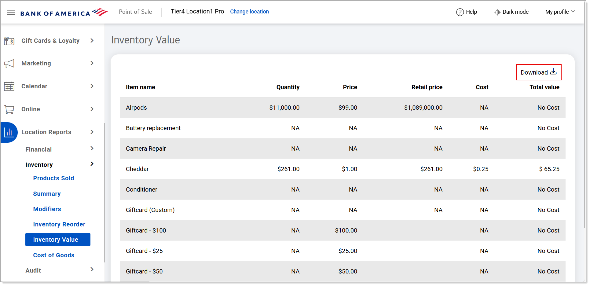 Inventory displayed with download option