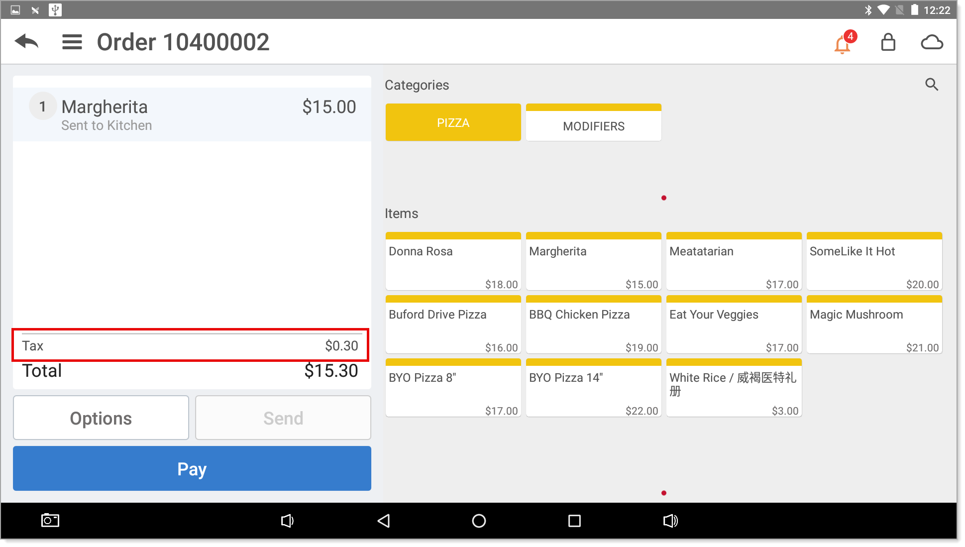 restaurant pos with tax line highlighted