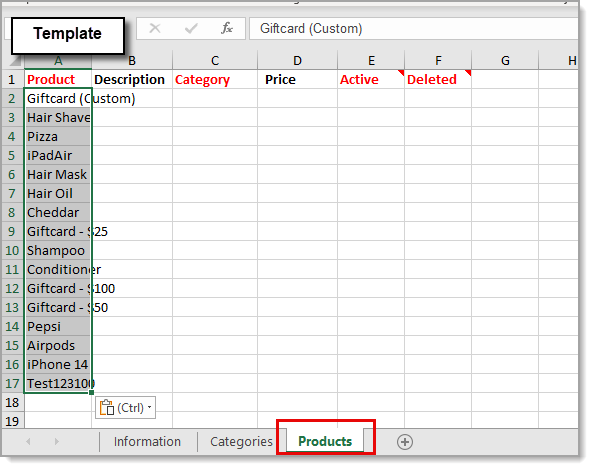 Products tab highlighted in the template spreadsheet.
