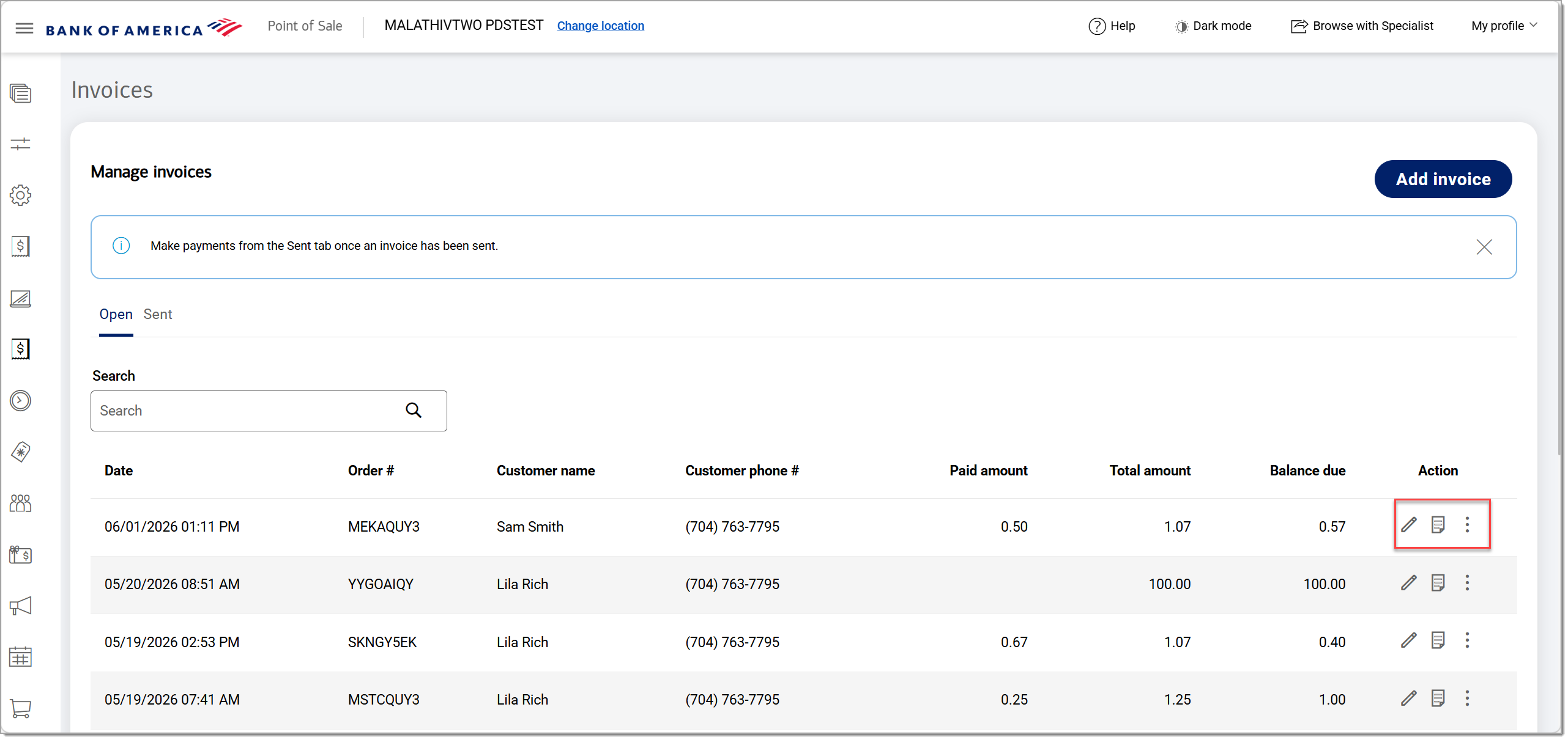 Open invoice action icons