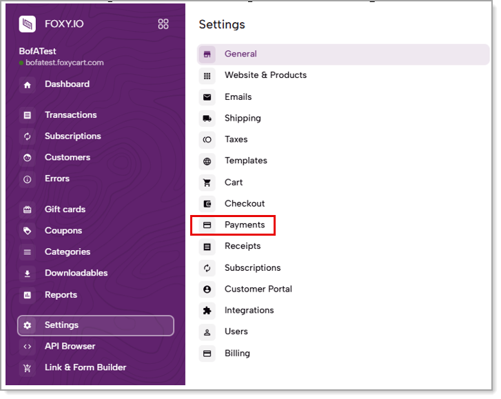 FoxyCard admin dashboard with Settings menu and Payments option highlighted