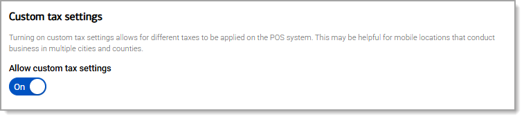 Custom tax settings section with a toggle to allow for custom tax settings.