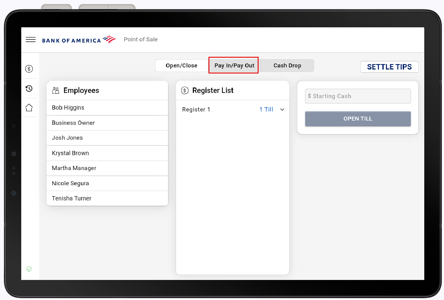 Pay in/ Pau out tab highlighted.
