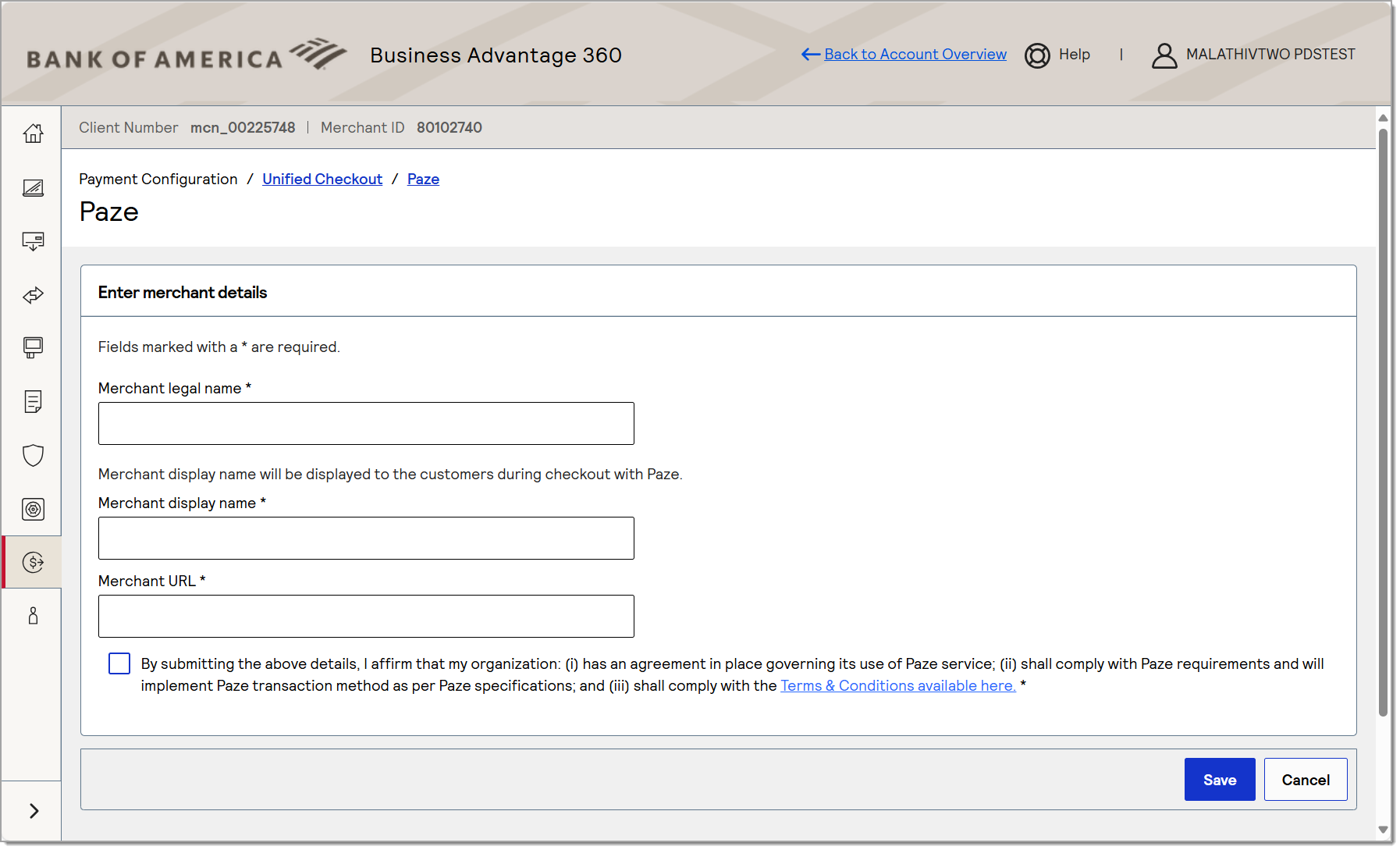 enter paze merchant details