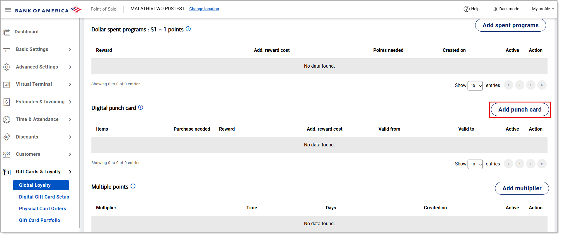 Punch card programs settings button