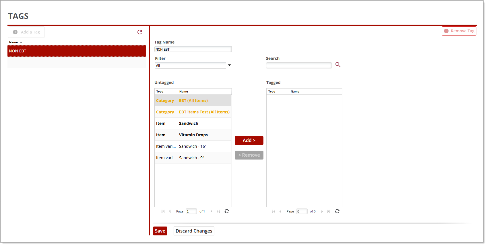 Tags screen with Untagged and Tagged columns